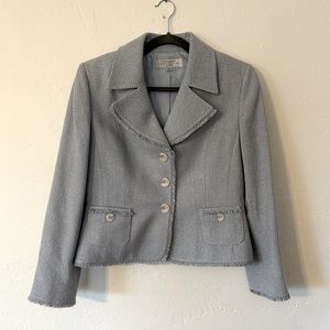 Tahari Arthur S Levine 2pc Blazer Jacket Skirt Tweed Fringe Womens Baby Blue 12P
